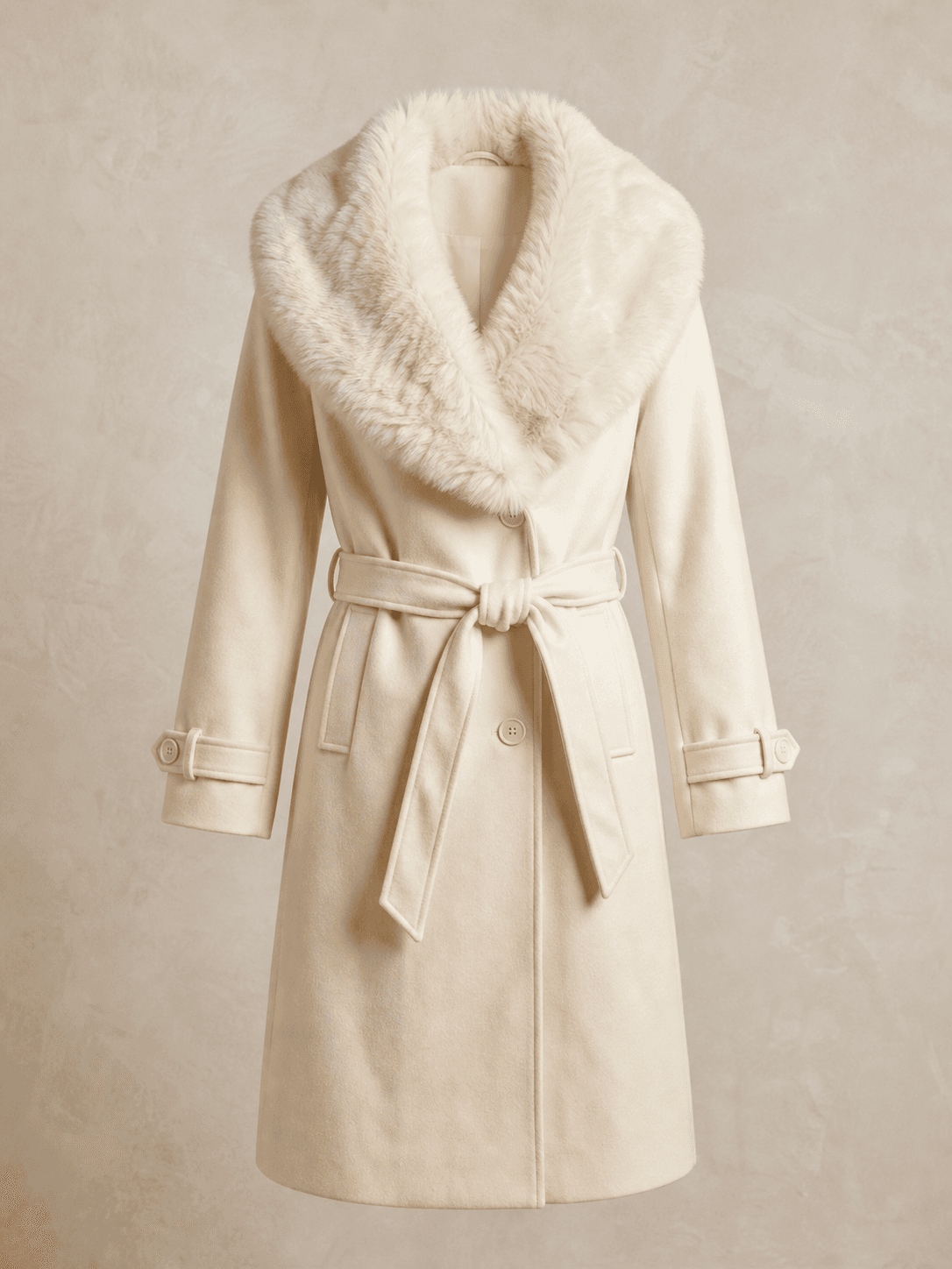 Sobretudo Feminino Longo com Gola de Pelúcia Off-White