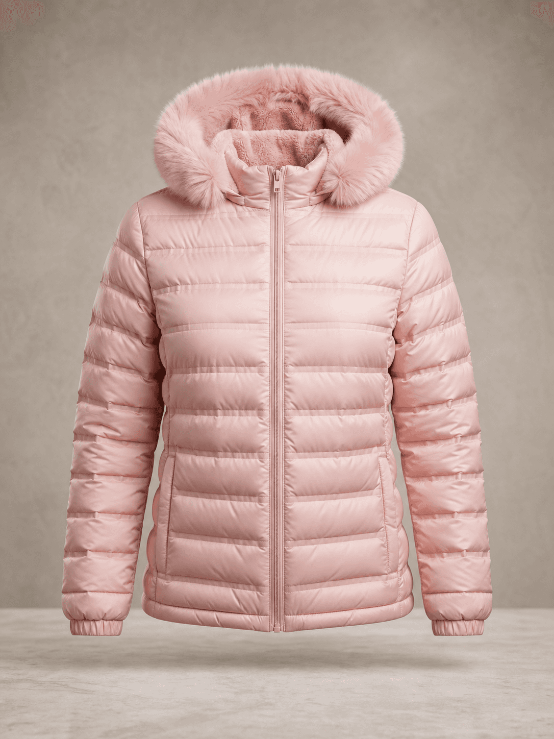 Jaqueta Puffer Feminina Rosa com Capuz de Pelúcia