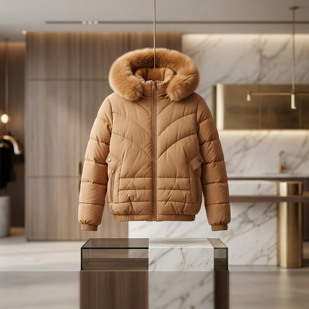 Jaqueta Puffer Feminina com Capuz e Pelúcia