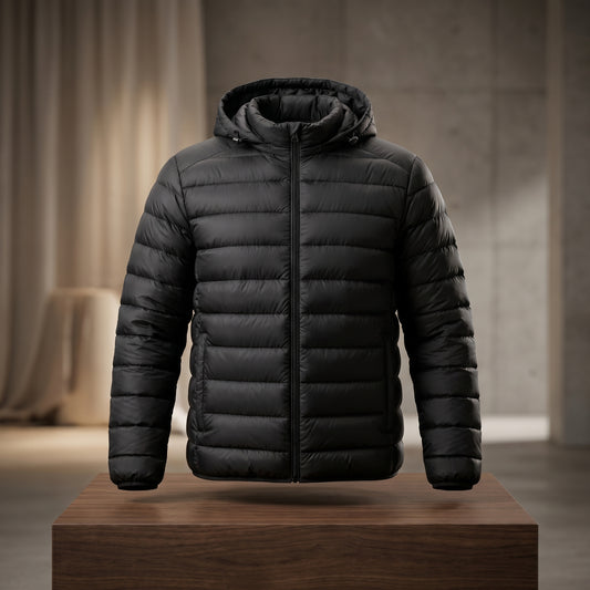 Jaqueta Puffer Masculina Preta com Capuz